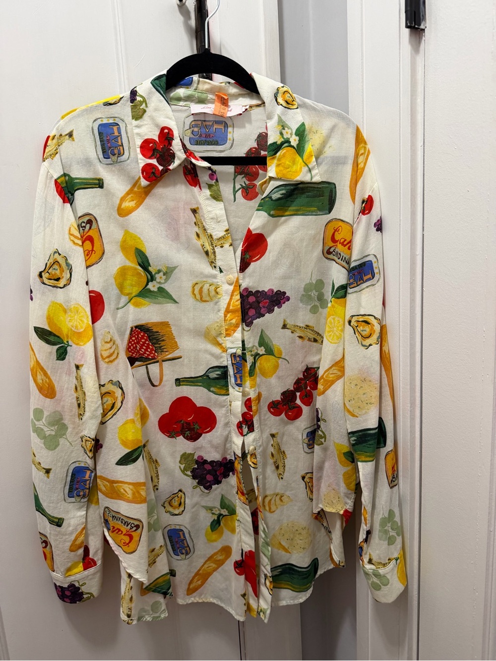 Lisa Says Gah White Button-Up Shirt with Colorful Fruit & Grocery Print